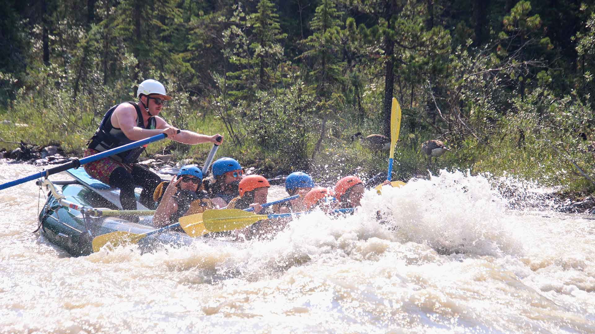 Whitewater rafters crashing through a massive wave on the Sunwapta River in Jasper National Park.